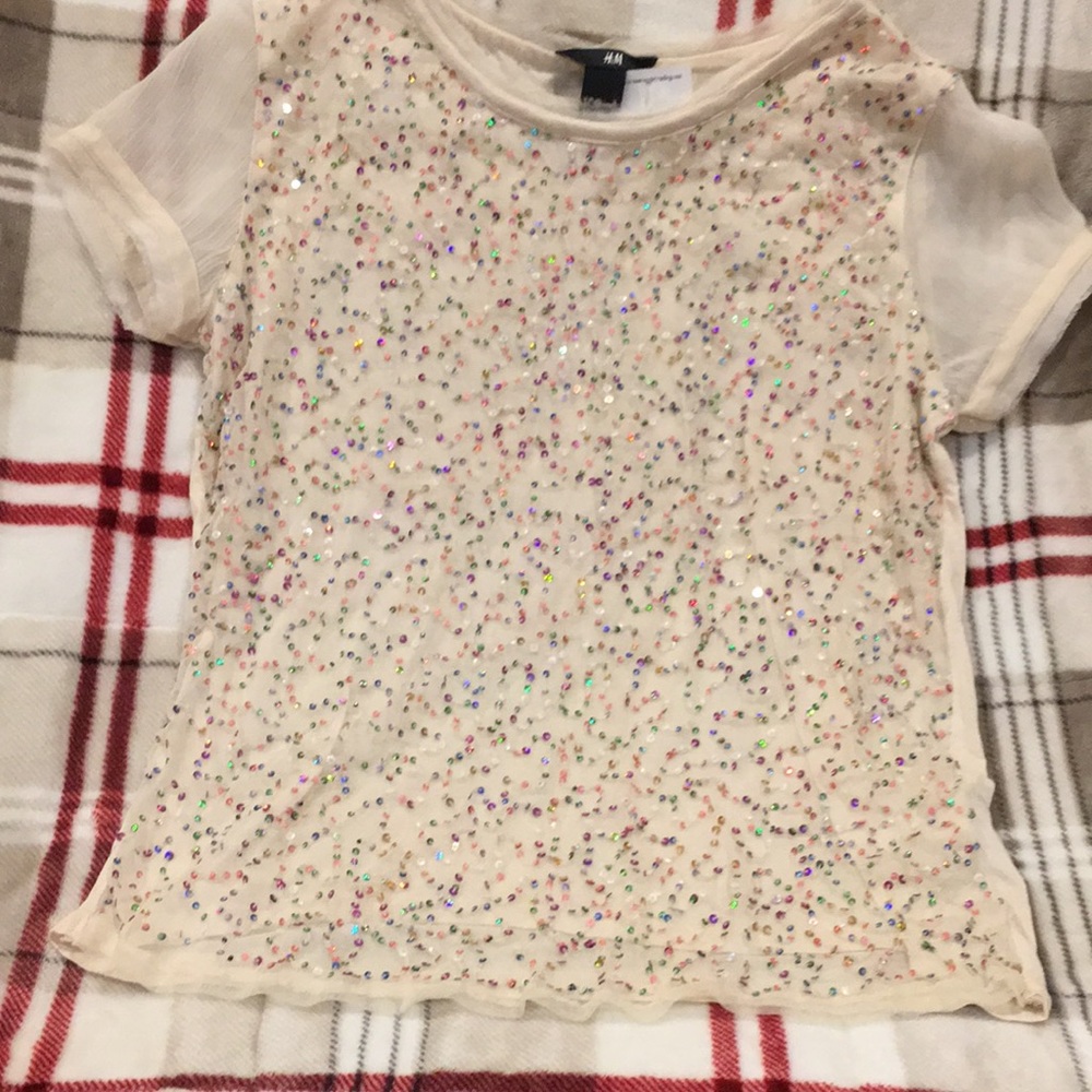 Gorgeous Rainbow Sequin Top Holiday Dazzler H&M Size XS NWT raw edge sleeves - Picture 6 of 16